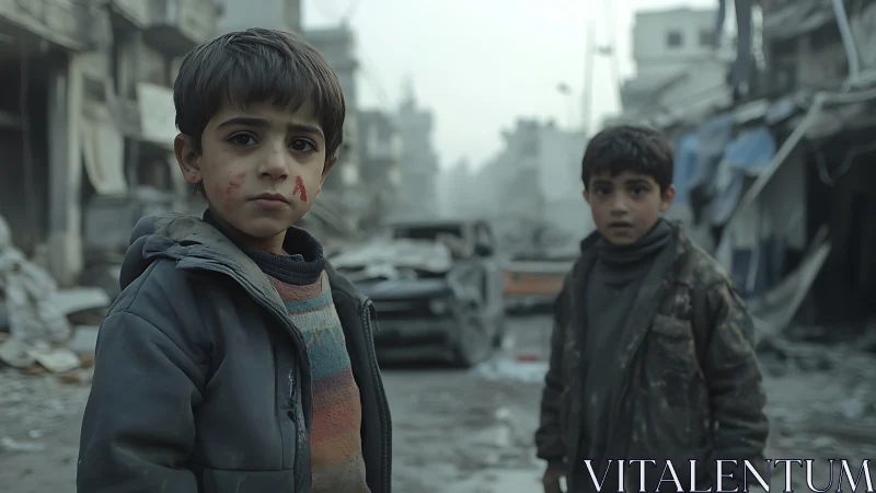 Two Young Children in Devastated Urban Rubble Environment.