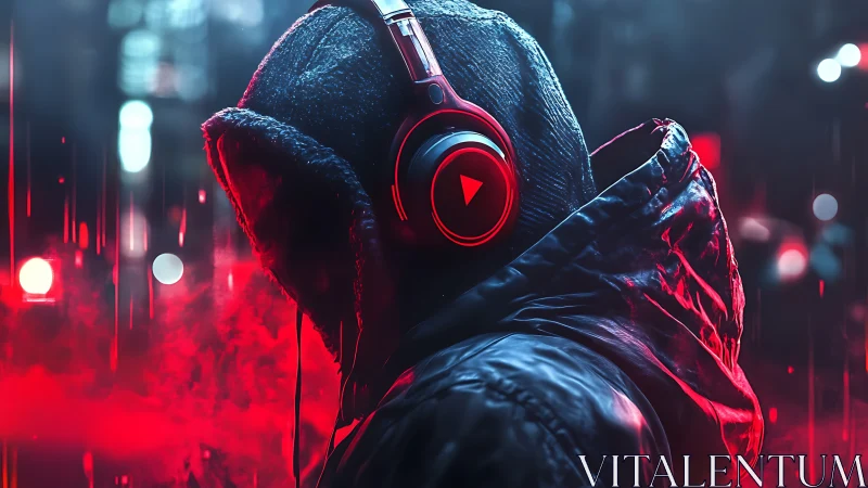 Hooded night listener enjoys music in neon red city rain