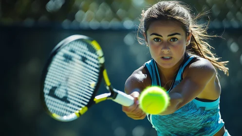 Focused tennis player reaching forward to return ball.