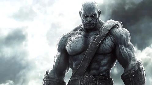 Monochrome stone-skinned warrior with glowing eyes in clouds