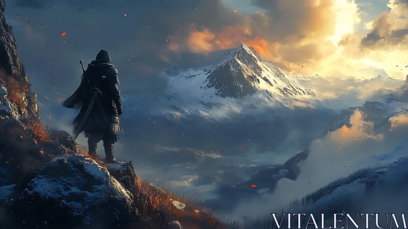 Cloaked swordsman overlooking sunlit alpine ridge in storm