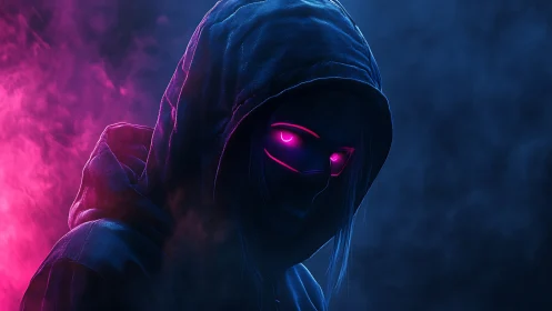 Hooded cyber figure glowing with neon pink mystery.
