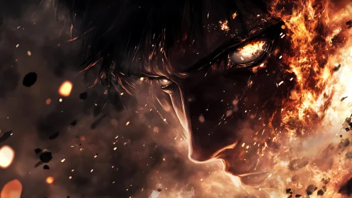 Fiery warrior face dissolves into explosive burning embers.