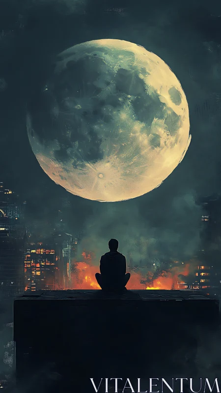Digital painting of lone figure under oversized moonlit skyline.