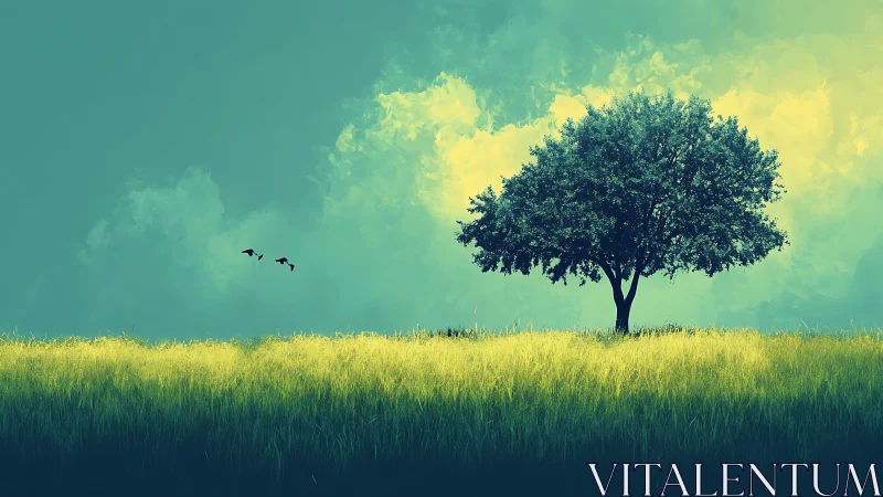 Lone tree in dreamy field with birds, surreal digital art style.
