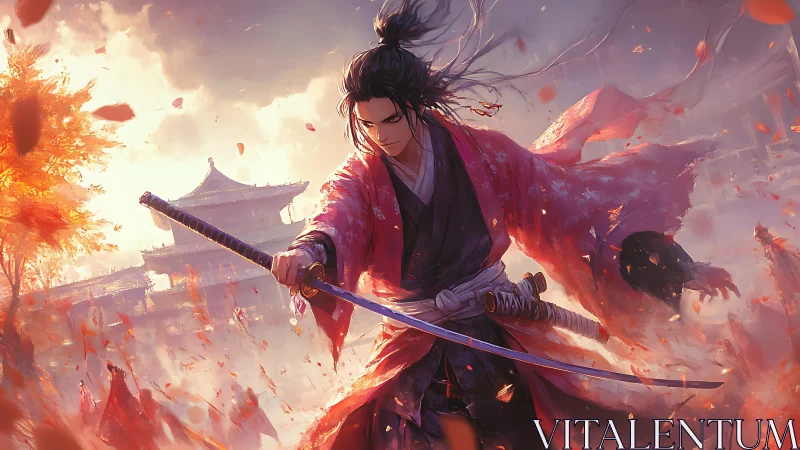 Samurai warrior strides through burning autumn battlefield.