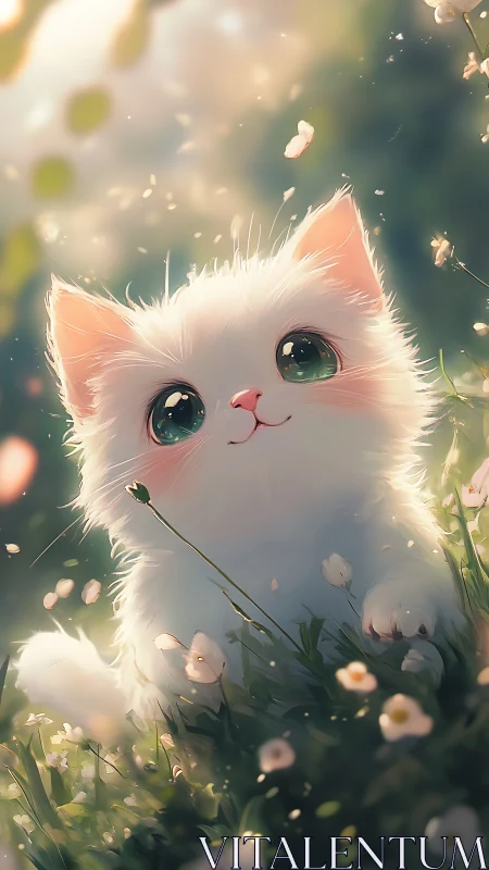 Ethereal White Cat Portrait with Spring Florals and Golden Bokeh Lighting
