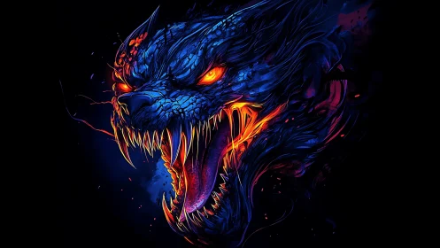 Infernal neon beast head bursting from electric shadow.