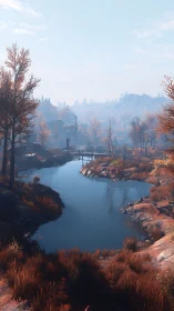 Autumn river valley under pale sky with distant bridge.
