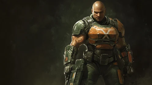 Armored soldier stands in reinforced exosuit under dim lighting