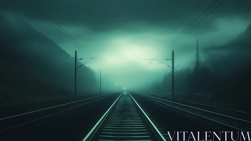 Electrified railway in dense teal fog with distant headlight