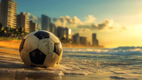 Weathered soccer ball on sunlit urban beachfront shoreline.