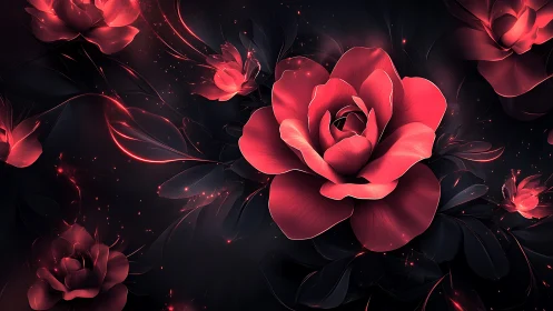 Glowing Red Roses in the Dark: Digital Art Beauty.