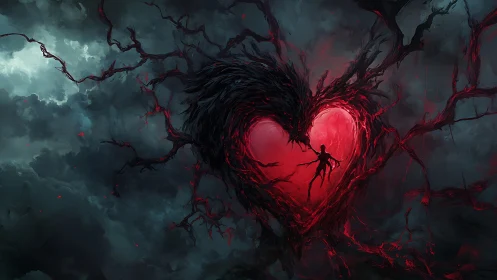 Silhouette figure inside glowing heart shape with dark branching tendrils