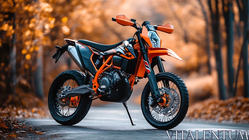 Orange off road motorcycle on autumn forest roadway.