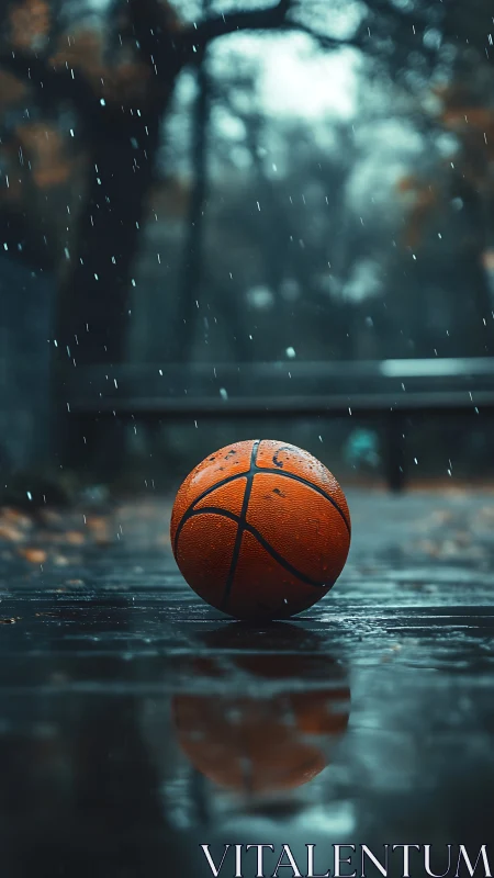 Wet basketball rests on reflective outdoor court in rain