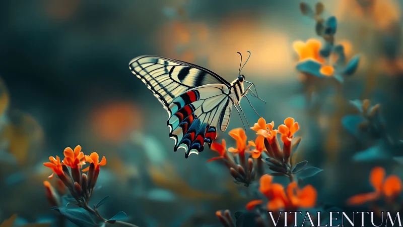 Twilight garden butterfly pausing on ember-bright blossoms.