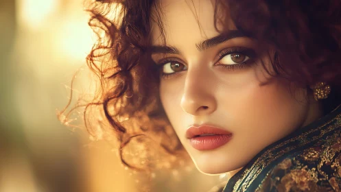 Close-up portrait in warm light with detailed curly hair.