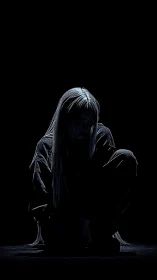 Silhouetted woman crouches in darkness under cold rim light