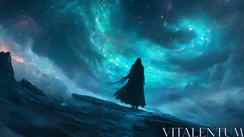 Solitary figure beneath swirling teal cosmic vortex.