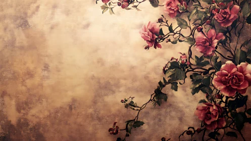 Climbing rose bouquet curves across aged painterly wall