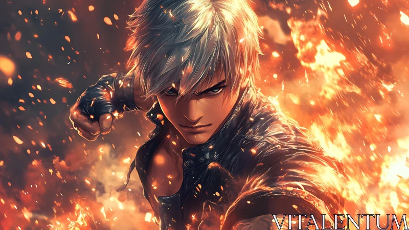 Fierce silver-haired hero racing through swirling firestorm.