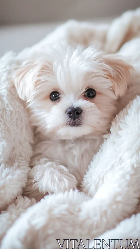 Blanket-burrowed puppy gaze wrapped in cloud-soft fluff.