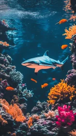 Graceful reef shark gliding through a glowing coral city.