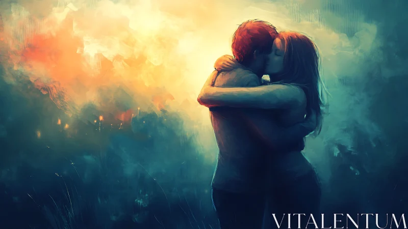 Embraced Silhouettes Against Apocalyptic Glow.