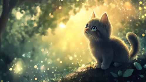 Luminous kitten gazes upward in enchanted forest setting.