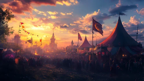 Twilight carnival spills gold and ember light across tents