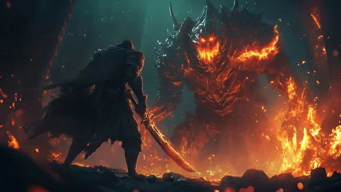 Lone warrior confronts colossal fire demon in blazing abyss