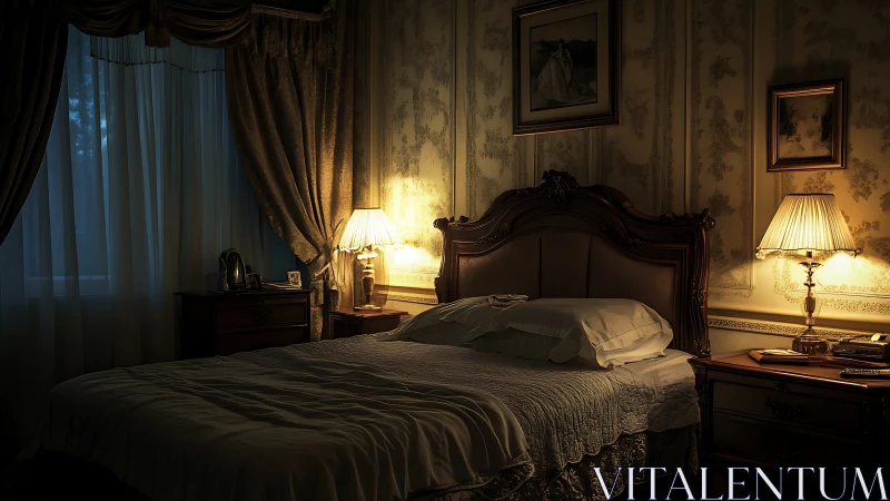 Classic bedroom with carved wood bed and warm lamps.