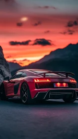 Red sports coupe accelerates through alpine pass at sunset