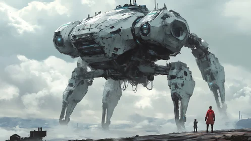 Curious travelers meet a towering four legged sky mech.
