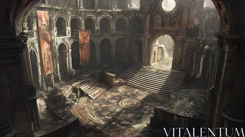 Ruined grand hall with decayed arches and stone steps.