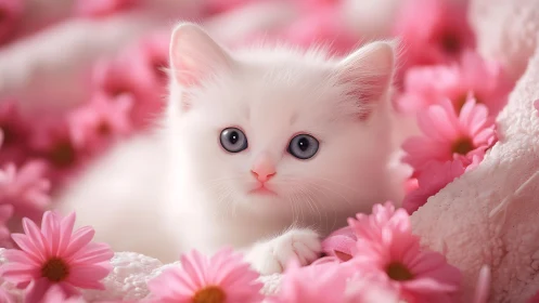 White Kitten Surrounded by Pink Flowers