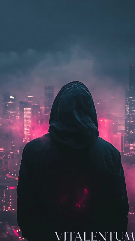 Hooded silhouette overlooking neon magenta cyberpunk skyline