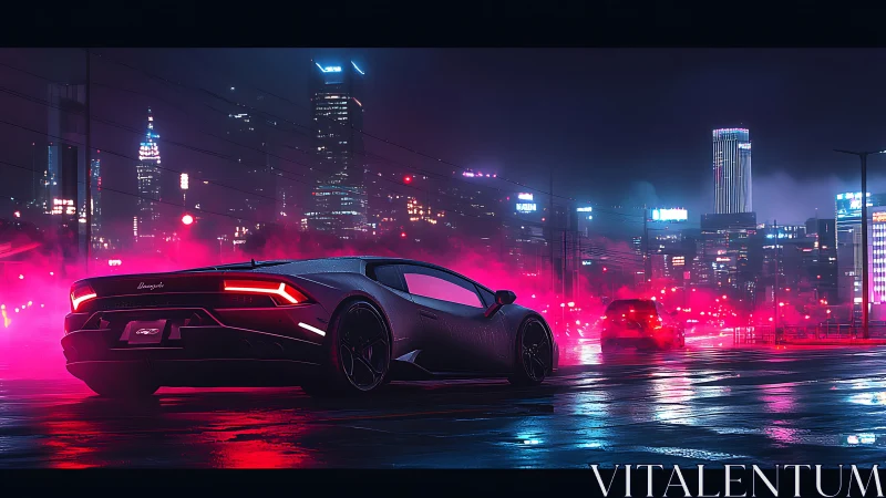 Sleek sports car glows against neon soaked cyberpunk skyline