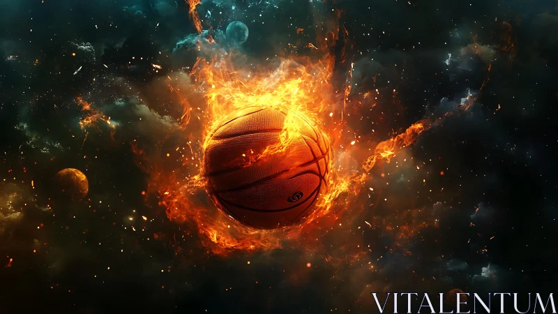 Basketball burns with intense flames in a deep space scene