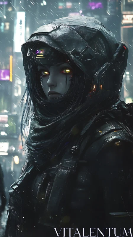 Cybernetic rain-scout with luminescent ocular augmentations.