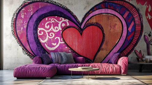 Contemporary loft lounge with oversized layered heart mural wall
