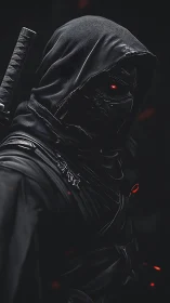 Hooded cyber-assassin in tactical blackout armor portrait.