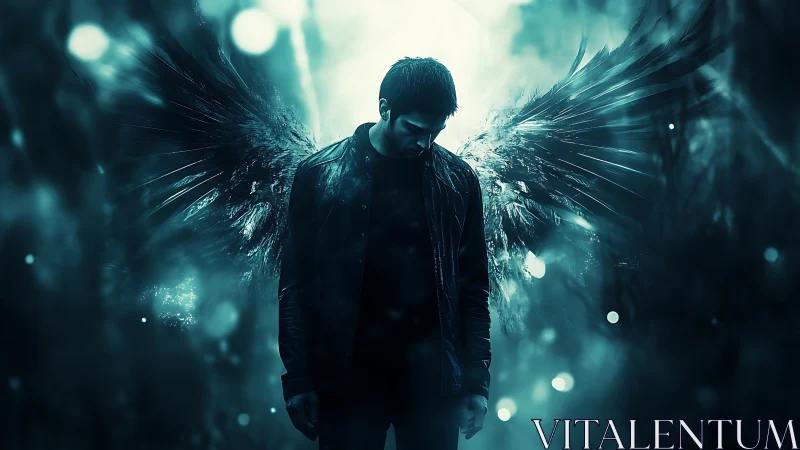 Fallen night angel broods in teal storm of fractured wings.