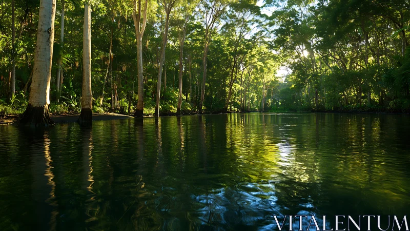 Emerald river hush beneath sunlit forest sentinels&rsquo; gaze.
