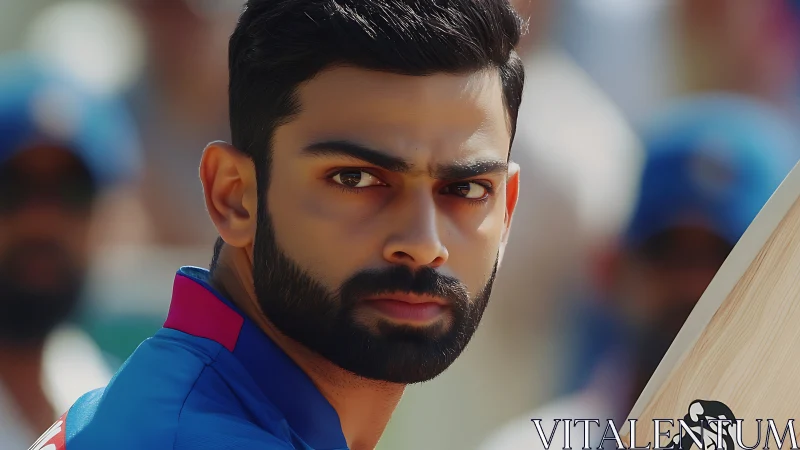 Focused cricketer portrait holding bat during match.