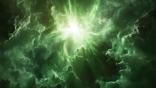 Emerald cosmic nebula erupts around radiant stellar core.