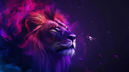 Bioluminescent lion portrait in neon magenta and cyan vapor