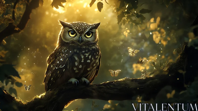 Majestic Owl on Forest Branch with Magical Light and Butterflies.