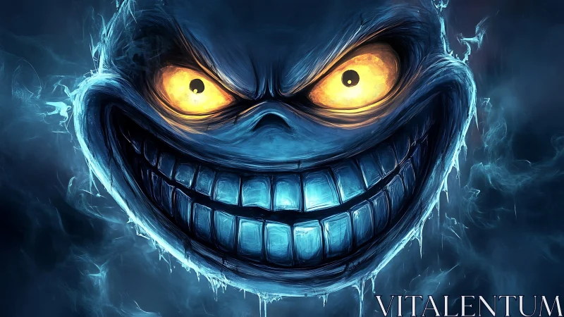 Glowing-eyed grinning demon face in cold blue mist.